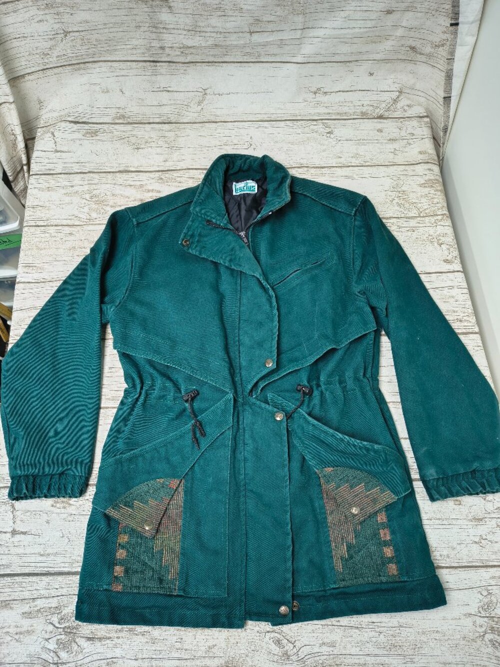 Kactus Teal Southwestern Patchwork Utility Jacket Size Small